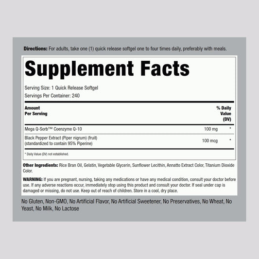 Piping Rock Coq10 100Mg | 240 Softgels | Enhanced Absorption Supplement | Non-Gmo, Gluten Free