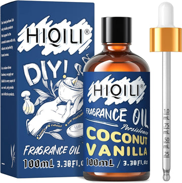 HIQILI Coconut Vanilla Fragrance Oil 100ml, Essential Oil for Diffuser Soap Candle Making Slime Scents, Scented Oils for Aromatherapy Car Freshies