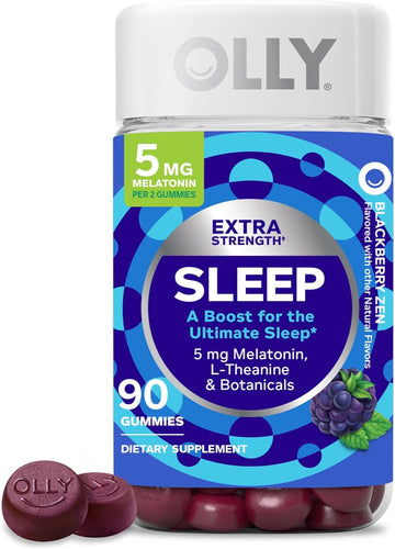 Olly Extra Strength Sleep Gummy, Occasional Sleep Support, 5 Mg Melatonin, L-Theanine, Chamomile, Lemon Balm Extracts, Sleep Aid, Blackberry Flavor - 90 Count (Packaging May Vary)