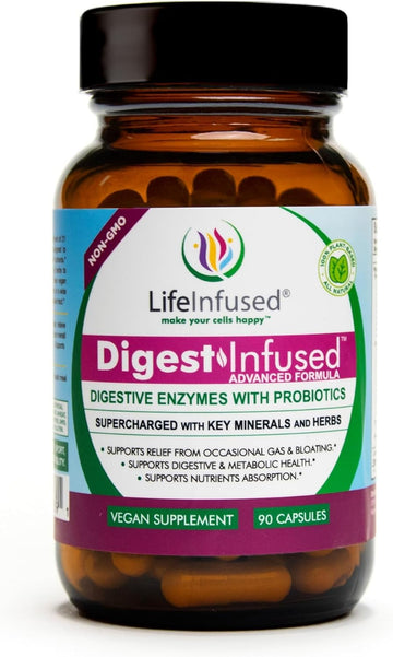Life Infused - Premium Digestive Enzyme Supplements - 21 Plant-Based Enzymes, Proteases, Bromelain, Amylase, Papain - Probiotics, 72 Key Minerals & Herbs - Ease Gas & Bloating. 90 Servings