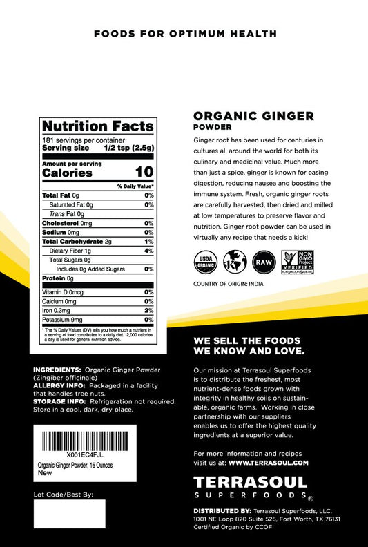 Terrasoul Superfoods Organic Ginger Powder, 1 Lb - Lab-Tested | Raw | Potent Spicy Flavor