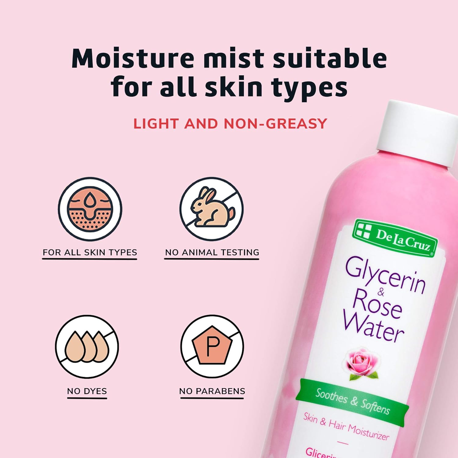 De La Cruz Rose Water And Glycerin For Face - Rosewater Facial Toner And Moisturizer For Skin And Hair 8 Fl Oz. (236 Ml) - 1 Bottle