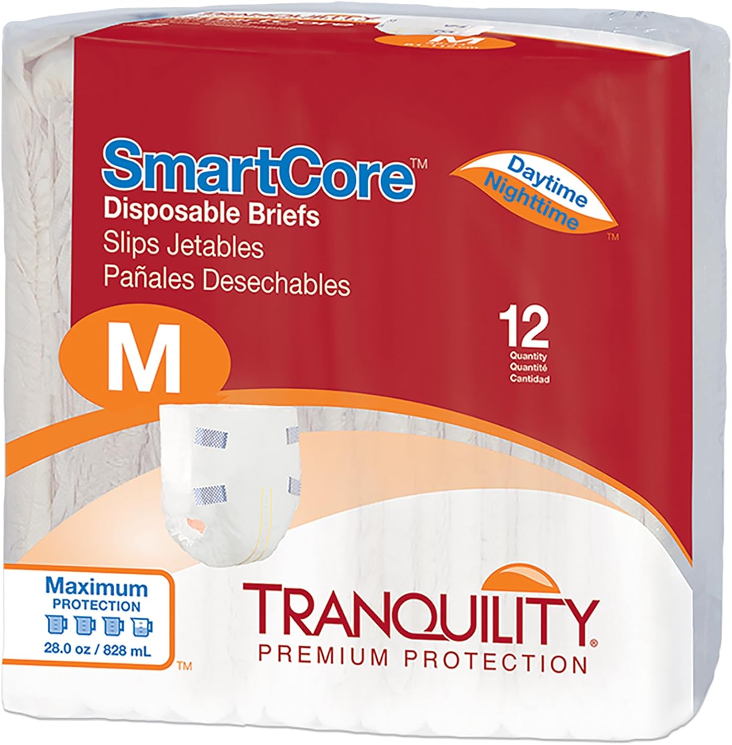 Tranquility Smartcore Adult Disposable Briefs, Adult Medium, Incontinence Control With Breathable Kufguard Technology, Fastening Tabs & Wetness Indicator, Latex-Free, 28Oz Capacity, 12Ct Bag