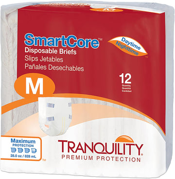 Tranquility Smartcore Adult Disposable Briefs, Adult Medium, Incontinence Control With Breathable Kufguard Technology, Fastening Tabs & Wetness Indicator, Latex-Free, 28Oz Capacity, 12Ct Bag