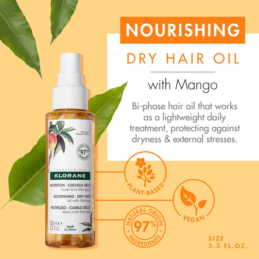 Klorane Nourishing Dry Hair Oil with Mango, Hydrating and Protecting Bi-Phase Spray, Paraben, Sulfate and Alcohol Free, Vegan, Dermatologist tested