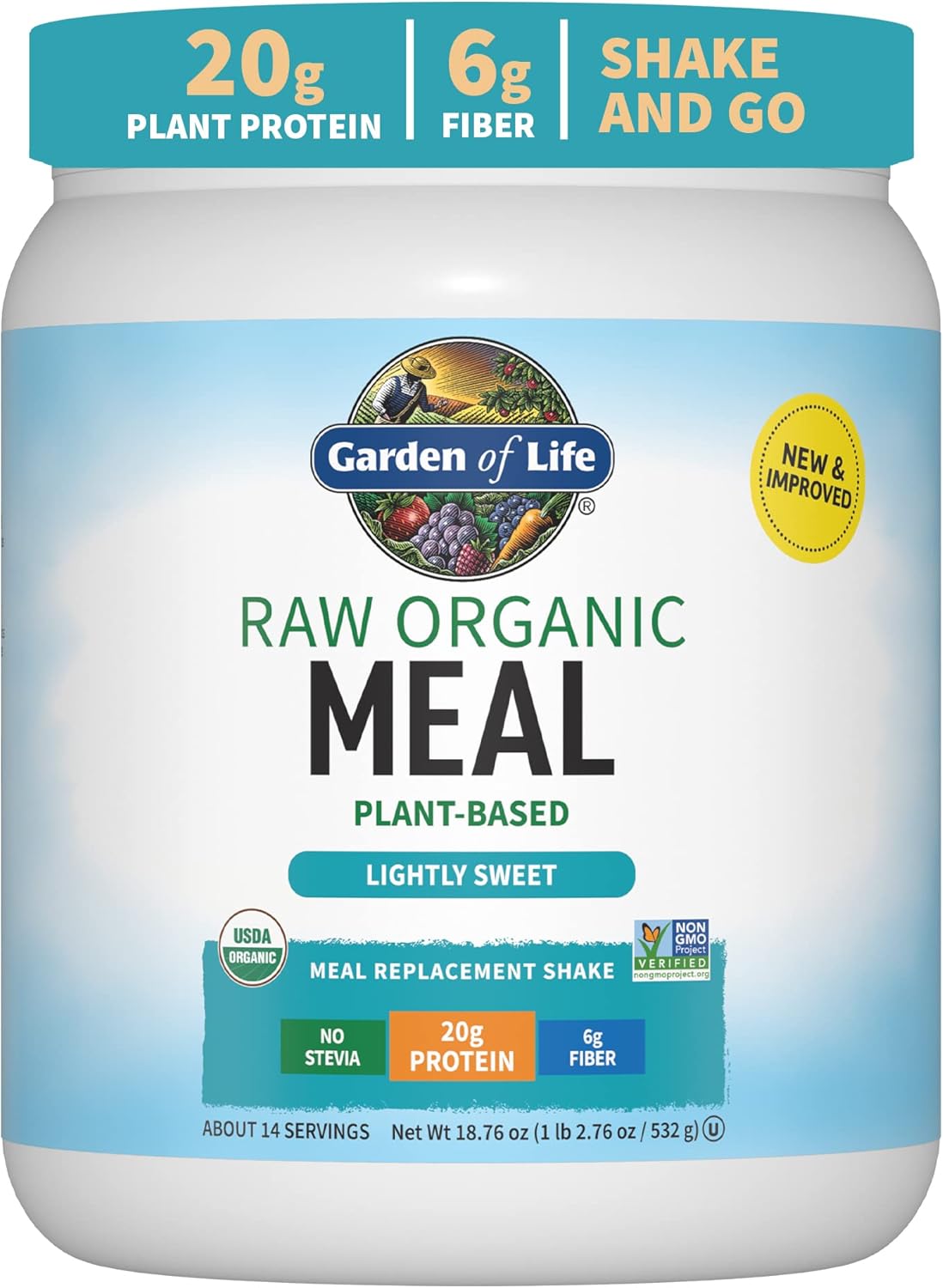 Garden Of Life Meal Replacement Shakes, Vegan Protein Powder, Raw Organic Protein Powder, Lightly Sweet Protein Powder With Plant Based Pea Protein, Sprouts, Greens, Probiotics, Dairy Free 14 Servings
