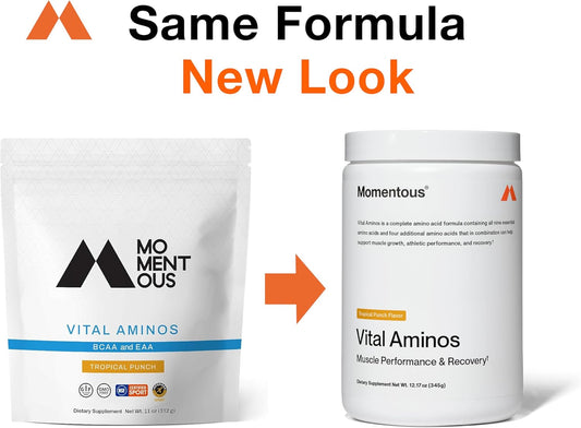 Momentous Vital Aminos Powder Supplement - Bcaa & Eaa, Tropical Punch - Nsf Certified, Gmo-Free, Gluten Free, 30 Servings (Package May Vary)