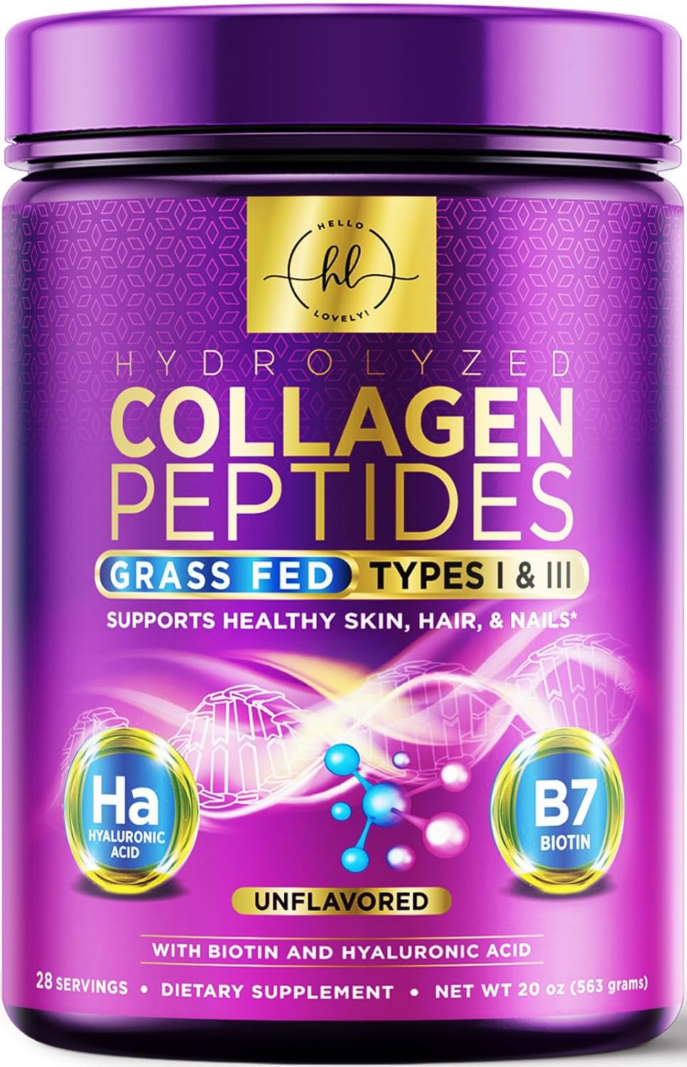 Collagen Peptides Powder Unflavored - Grass Fed Hydrolyzed Powder Type I & Iii, Best Collagen Supplements With Hyaluronic Acid & Biotin - Women'S Hair, Nail, Skin, Bones & Joint Support - 28 Servings