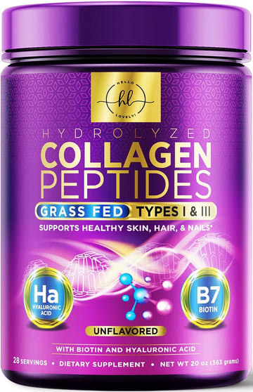 Collagen Peptides Powder Unflavored - Grass Fed Hydrolyzed Powder Type I & Iii, Best Collagen Supplements With Hyaluronic Acid & Biotin - Women'S Hair, Nail, Skin, Bones & Joint Support - 28 Servings