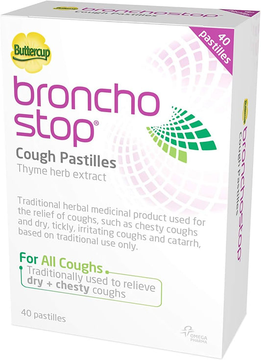 Bronchostop Cough Pastilles (40 Pastilles) - Relief For All Cough Types Including Chesty & Dry Coughs - Non Drowsy Anti Mucus Formula With Traditional Thyme Herb Extract