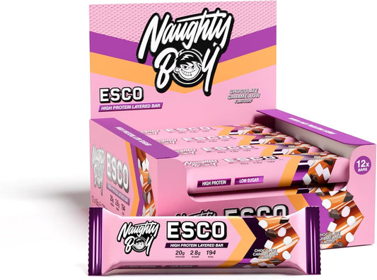 NaughtyBoy ESCO Bar – Chocolate Caramello Flavour, High Protein, Low Sugar Snack Bar – HFSS Compliant – 1 x 60g Layered Protein Bar : Amazon.co.uk: Health & Personal Care