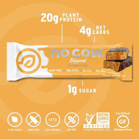 No Cow High Protein Bars, Chocolate Peanut Butter Cup - Healthy Snacks, 20G Vegan Protein, High Fiber, Low Sugar, Keto Friendly, Dairy & Gluten Free (12 Count)