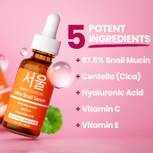 Seoulceuticals Korean Skin Care 97.5% Snail Mucin Serum – K Beauty Skincare Night Serum Hyaluronic Acid For Face - Centella Anti Wrinkle Serum 1Oz