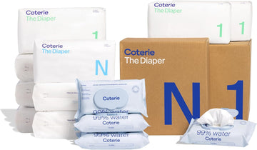 Coterie Baby Diapers + Wipes Baby Kit, Size 1 (198 Count) Size Newborn (93 Count) 4 Wipe Packs (224 Wipes) Made With Plant Derived Fibers, Hypoallergenic, For Sensitive Skin, Clean Ingredients