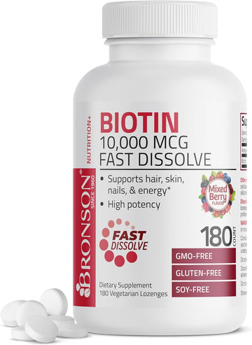 Bronson Biotin 10,000 Mcg Lozenges Fast Dissolve High Potency Supports Hair, Skin & Nails Mixed Berry Flavor - Non-Gmo, 180 Vegetarian Lozenges