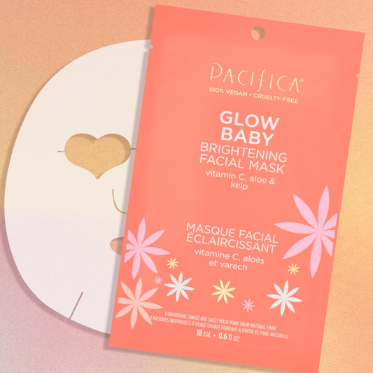 Pacifica Beauty Glow Baby Brightening Facial Mask, Skincare, Sheet Mask, Vitamin C, Aloe, Kelp, Dark Spots, Fine Lines, Cooling Mask, Dry Skin, Face Care, For All Skin Types, Vegan (1 Sheet)