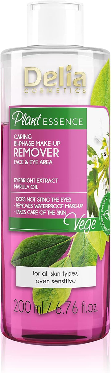 Delia Cosmetics - Plant Essence - Two-Phase Make Up Remover For Face & Eyes - Skin Care & Cleansing - Removes Waterproof Makeup - Vegan Friendly - Natural Ingredients - Every Skin Type - 200Ml
