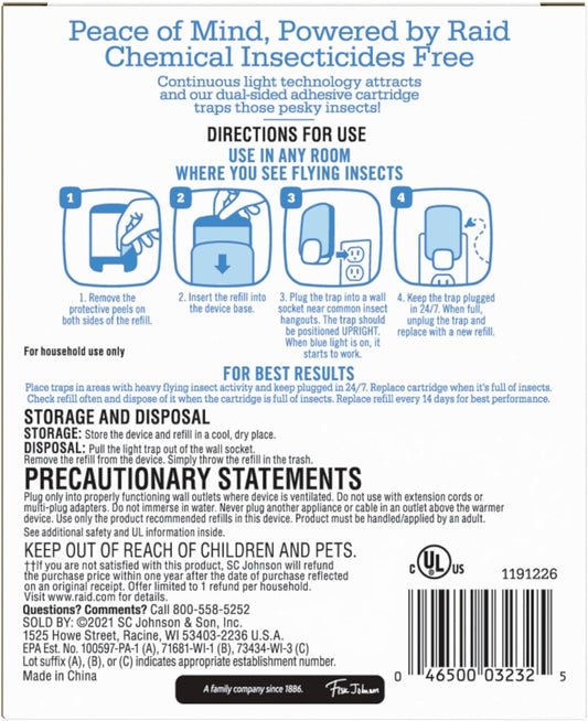 Raid Essentials Flying Insect Light Trap Starter Kit, 1 Plug-In Device + 1 Cartridge, Featuring Light Powered Attraction