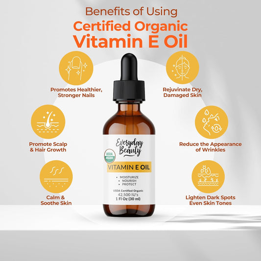 Organic Vitamin E Oil – Certified Organic Blend Of Vitamin E - Deeply Hydrating Care For Face, Skin, Hair, Scars – Antioxidant-Rich, Fragrance-Free, And Gentle On Skin - 1 Fl Oz Glass Dropper & Bottle