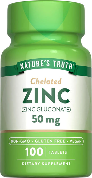 Nature'S Truth Chelated Zinc 50Mg | 100 Tablets | Essential Mineral Supplement | From Zinc Gluconate | Vegetarian, Non-Gmo, Gluten Free