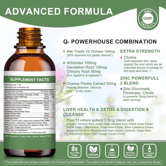 Liver Health Liquid Drops -Support Liver Cleanse Detox & Repair With Artichoke Milk Thistle Silymarin Extract, Dandelion,Turmeric, Berberine To Renew W/21 Potent Herb-Nutrients-