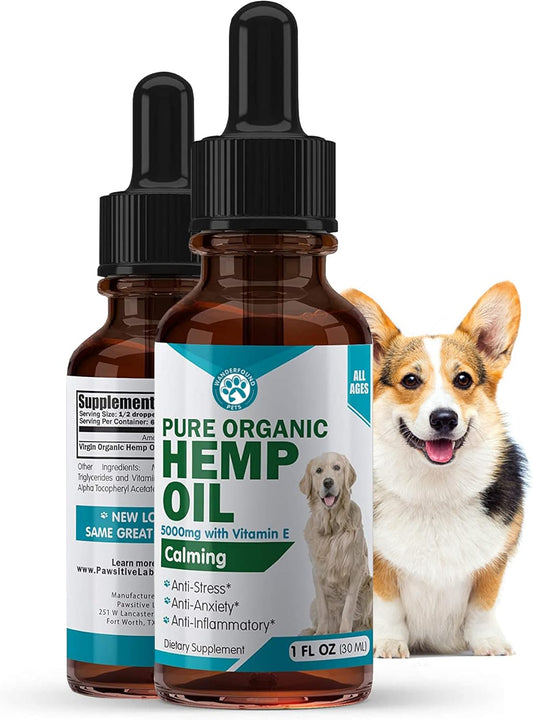 Wanderfound Pets - Hemp Oil For Dogs & Cats 5000Mg - Anti-Separation Anxiety, Joint Pain, Stress Relief, Arthritis, Seizures, Chronic Pain Relief, Anti-Inflammatory - Omega 3, 6, 9-100% Organic