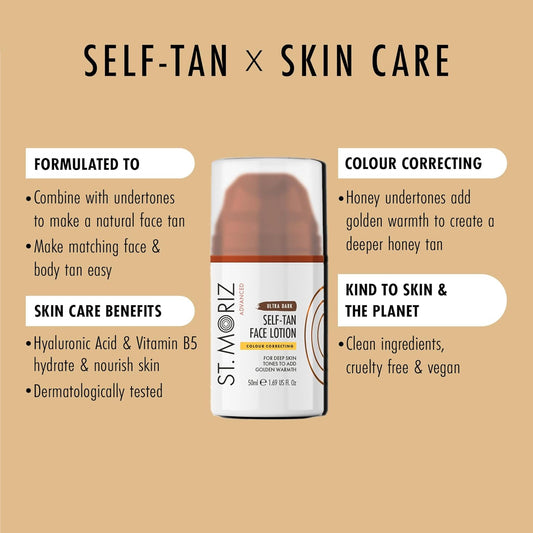 St Moriz Advanced Ultra Dark Colour Correcting Self Tan Face Lotion | With Hyaluronic Acid & Vitamin B5 | Honey Colour Correcting Undertones Add Warmth To Deep Skin | Wear Alone & Under Makeup | 50Ml