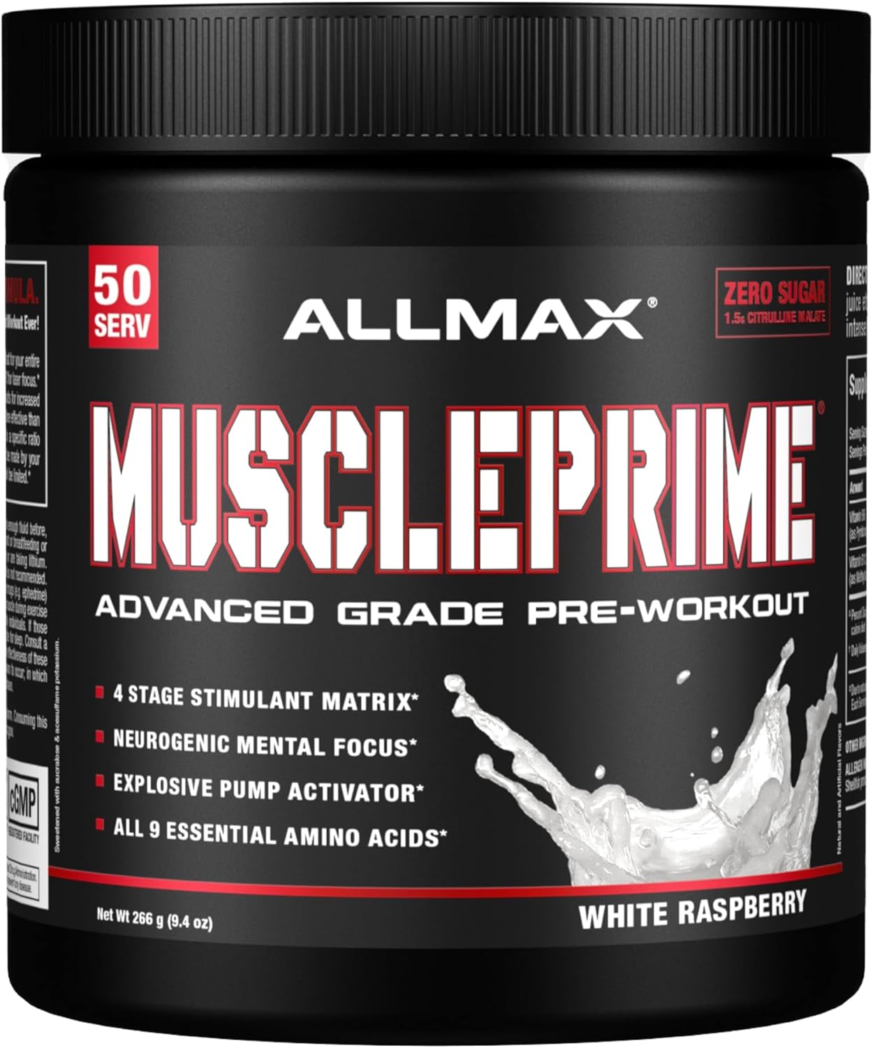 Allmax Muscleprime, White Raspberry - 266 G - Advanced Grade Pre-Workout - Boosts Energy & Focus With 9 Essential Amino Acids - Zero Sugar - 50 Servings