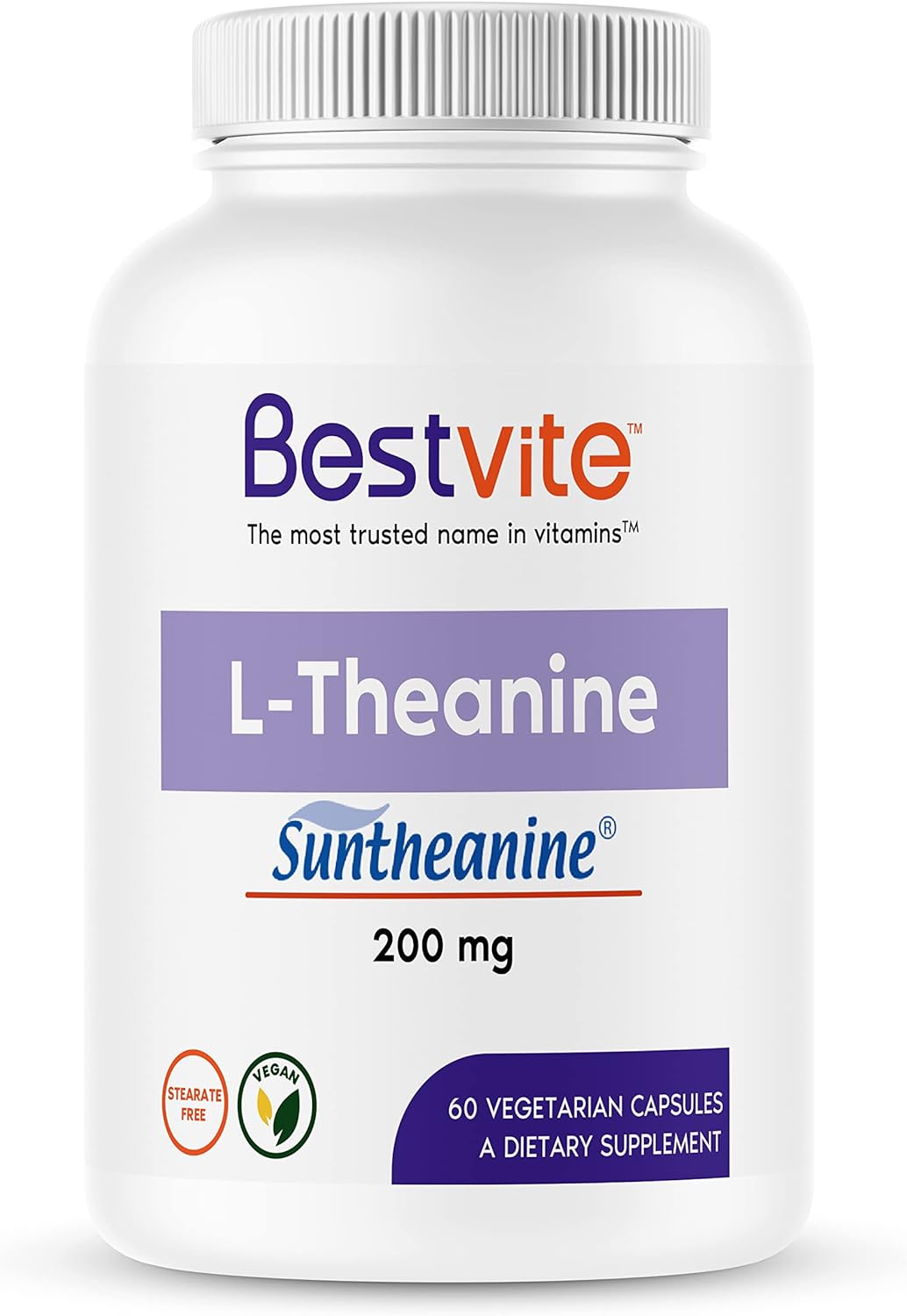 BESTVITE L-Theanine 200mg with Patented and Clinically Studied Suntheanine (60 Vegetarian Capsules) - No Stearates - Vegan - Non GMO - Gluten Free