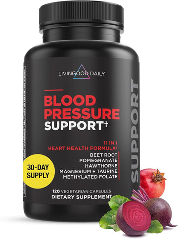 Livingood Daily Blood Pressure Support, 120 Vegetarian Capsules - Blood Pressure Supplements with Beet Root, Pomegranate, & Hawthorn Support High Blood Pressure & Heart Health - Vegan & Non-GMO