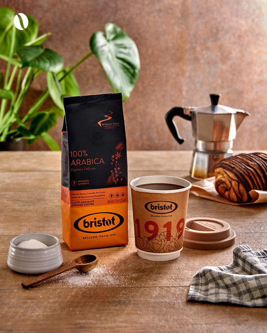 Bristot 100% Arabica Ground Coffee | Espresso Delicato | Italian Ground Espresso | Medium Roast | For Moka, French Press, Pour Over | 8.8Oz/250