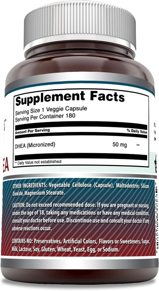 Amazing Formulas Micronized DHEA 50mg Per Serving 180 Veggie Capsules Supplement | Non-GMO | Gluten Free | Made in USA | Suitable for Vegetarians