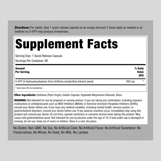 Piping Rock 5HTP 200mg Capsules | 90 Count | Hydroxytryptophan | Non-GMO, Gluten Free Supplement