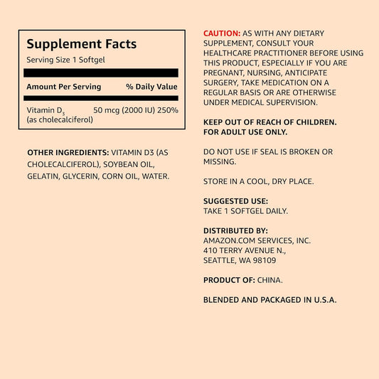 Amazon Elements Vitamin D3, 5000 IU, 180 Softgels, 6 month supply (Packaging may vary), Supports Strong Bones and Immune Health