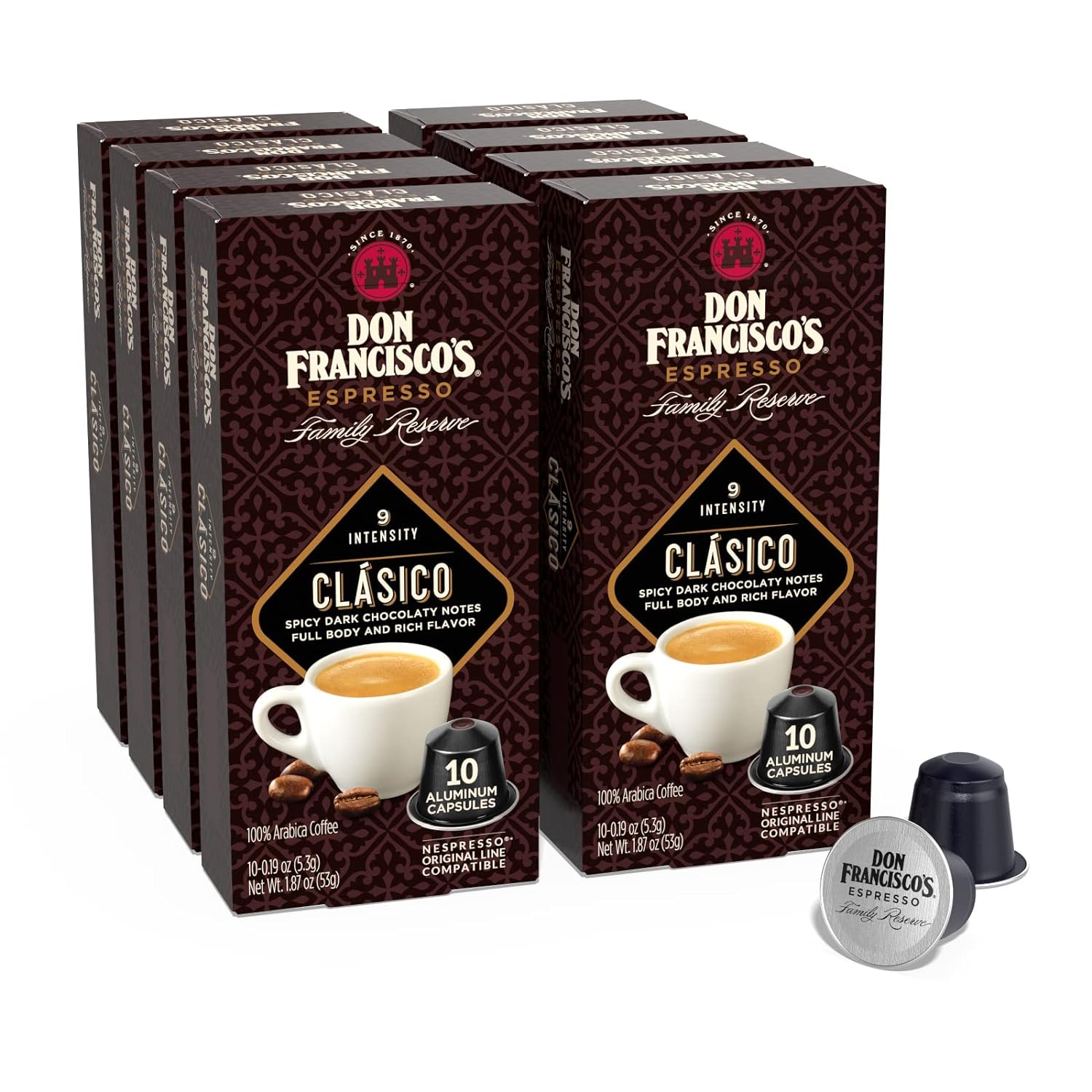 Don Francisco’s Clasico Espresso Capsules, 80-Count Aluminum Recyclable Pods, Intensity 9, Compatible with Original Nespresso Machines