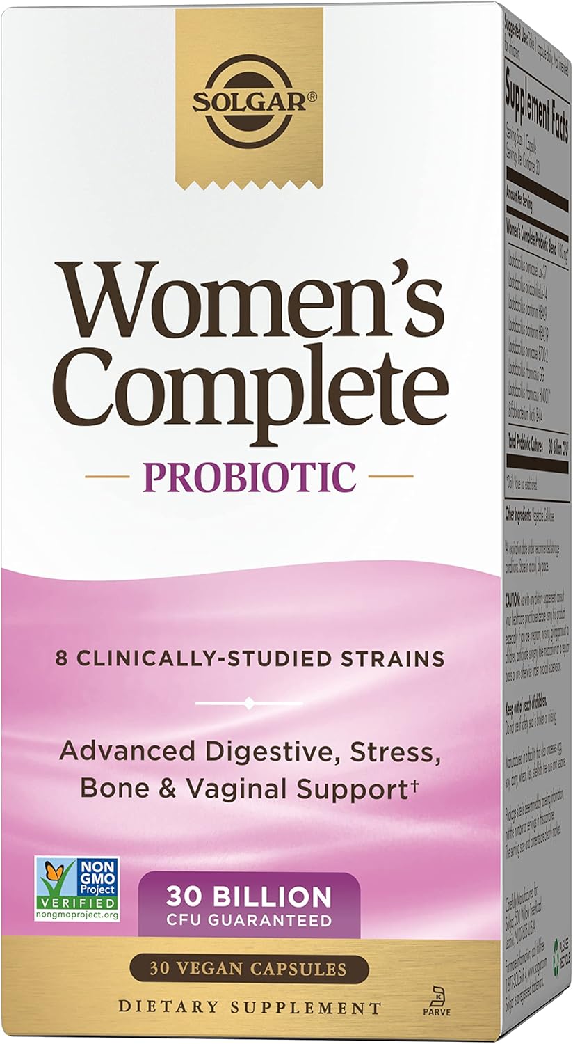 Solgar Women'S Complete Probiotic, 30 Vegan Capsules - 30 Billion Cfu - 8 Clinically-Studied Strains - Advanced Digestive, Stress, Bone & Vaginal Support - Non-Gmo & Vegan, 30 Servings