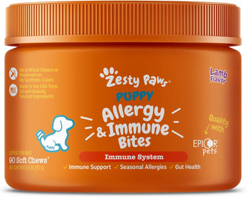 Zesty Paws Dog Allergy Relief - Anti Itch Supplement - Omega 3 Probiotics For Dogs - Digestive Health - Soft Chews For Skin & Seasonal Allergies - With Epicor Pets - Puppy - Lamb - 90 Count