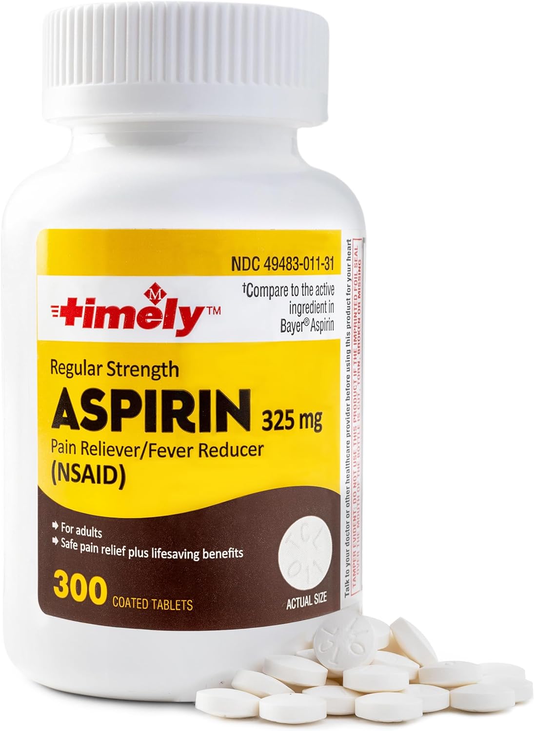 TIME-CAP LABS, INC. Timely 300 Count Regular Strength Aspirin 325mg for Adults - Compared to Bayer - Coated Regular Strength Aspirin Tablets - Pain Reliever for Minor Aches and Pains