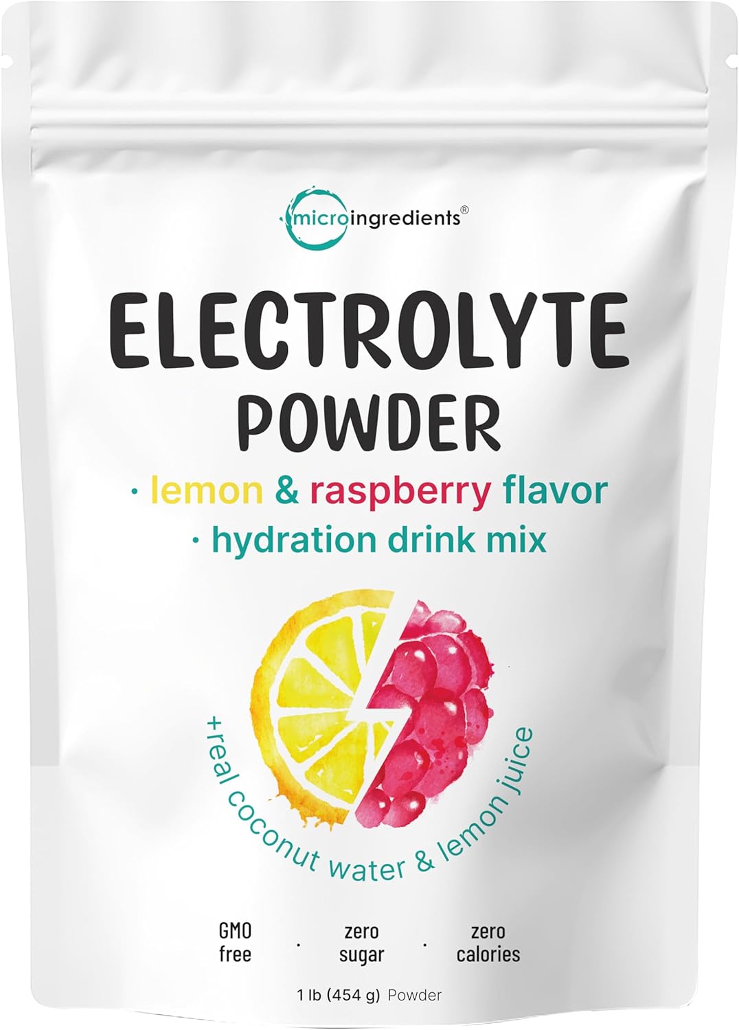 Micro Ingredients Hydration Electrolyte Powder, 1Lb (69 Servings), Keto & No Sugar - High Potassium (1000Mg) With Lemon Raspberry Flavored - Made With Real Lemon Juice & Coconut Water - Non-Gmo