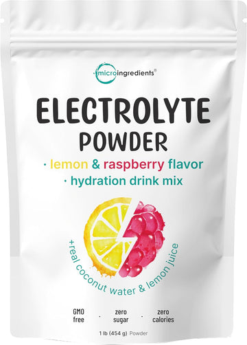 Micro Ingredients Hydration Electrolyte Powder, 1Lb (69 Servings), Keto & No Sugar - High Potassium (1000Mg) With Lemon Raspberry Flavored - Made With Real Lemon Juice & Coconut Water - Non-Gmo