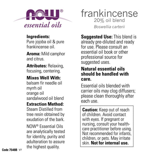 Now Essential Oils, Frankincense Oil Blend, 20% Blend Of Pure Frankincense Oil In Pure Jojoba Oil, Centering Aromatherapy Scent, Steam Distilled, Vegan, Child Resistant Cap, 1-Ounce