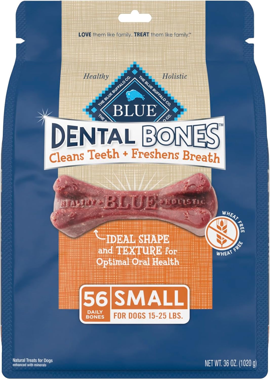 Blue Buffalo Dental Bones Small Natural Dental Chew Dog Treats, (15-25 Lbs) 36-Oz Bag