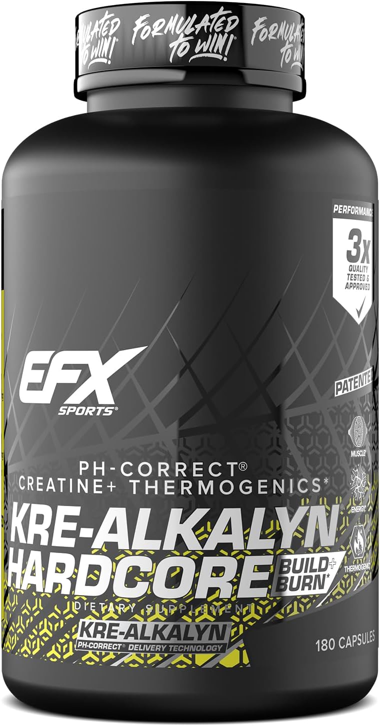 Efx Sports Kre-Alkalyn Hardcore | Thermogenic Ph Correct Creatine Monohydrate Pill Supplement | Energy & Strength Pre Workout | 126 Servings, 380 Capsules
