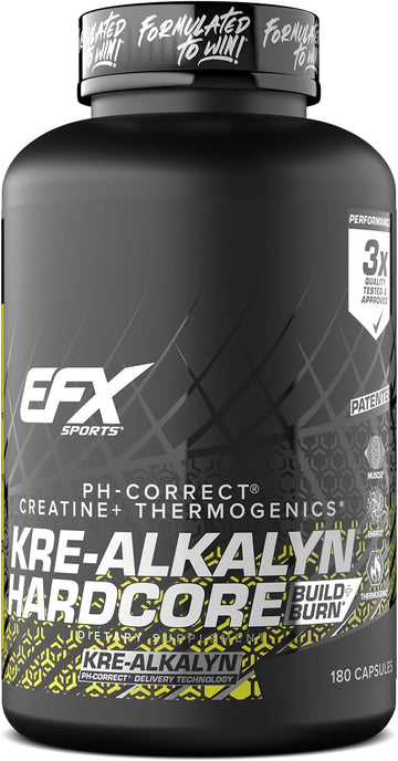 Efx Sports Kre-Alkalyn Hardcore | Thermogenic Ph Correct Creatine Monohydrate Pill Supplement | Energy & Strength Pre Workout | 60 Servings, 180 Capsules