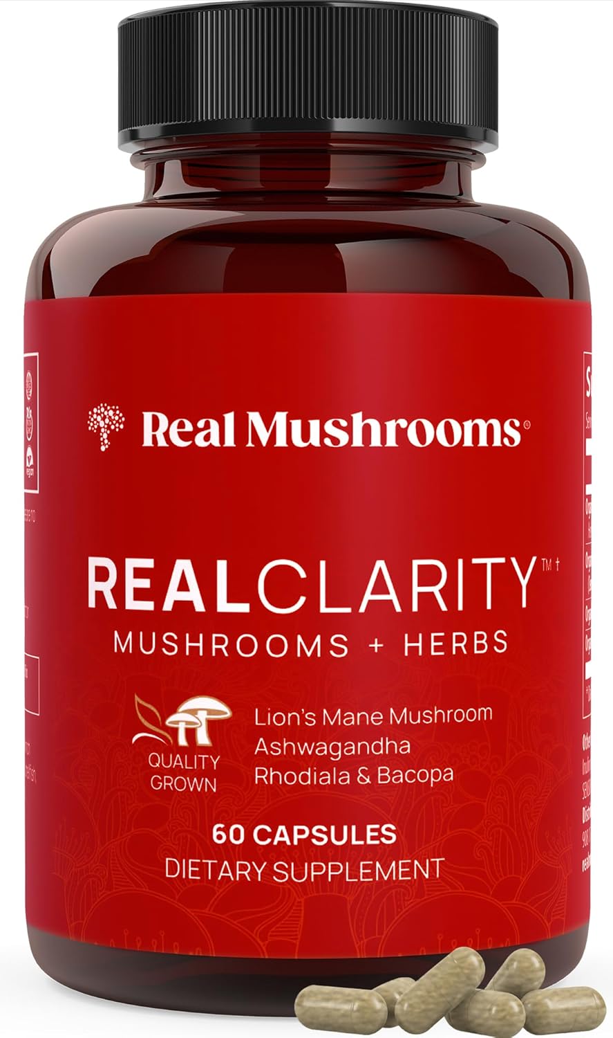 Real Mushrooms Realclarity Mushroom Powder Capsules - Brain Supplement With Ksm-66 Ashwagandha Extract For Mental Clarity, Focus - Organic Lions Mane Capsules Focus Supplements For Adults, 60Ct