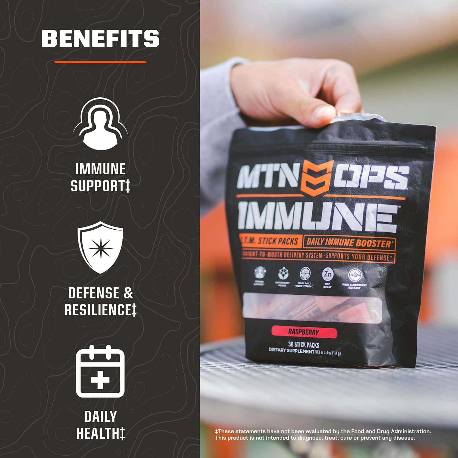 Mtn Ops Daily Stm Immune Booster - Citrus Orange Flavor, 30 Stick Pouch : Health & Household