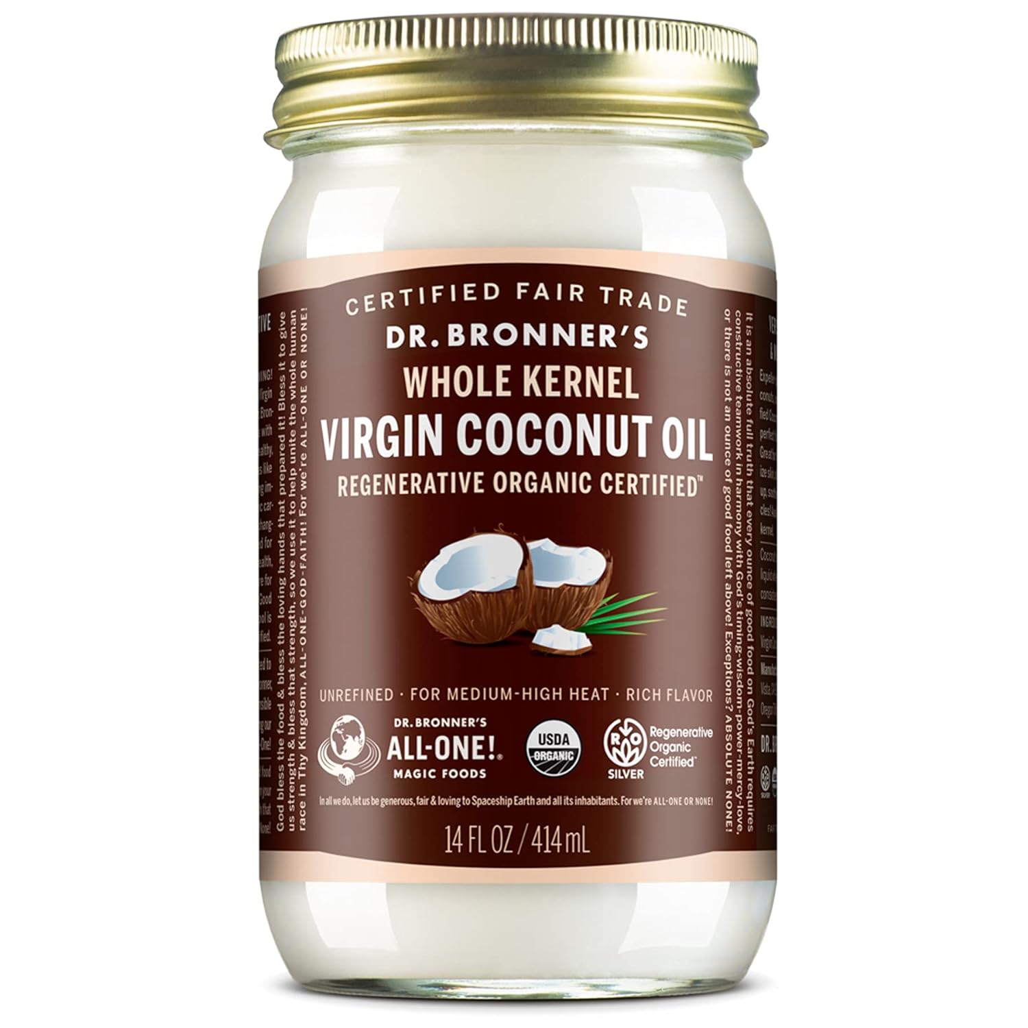 Dr. Bronner's - Organic Virgin Coconut Oil (Whole Kernel, 14 Ounce) - Coconut Oil for Cooking, Baking, Hair & Body, Unrefined & Fresh-Pressed, Rich & Nutty Flavor, Fair Trade, Vegan, Non-GMO