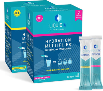 Liquid I.V. Lemon Lime Electrolyte Powder Mix 16 sticks + Passion Fruit Electrolyte Powder Mix 16 sticks - Nutritional Supplement