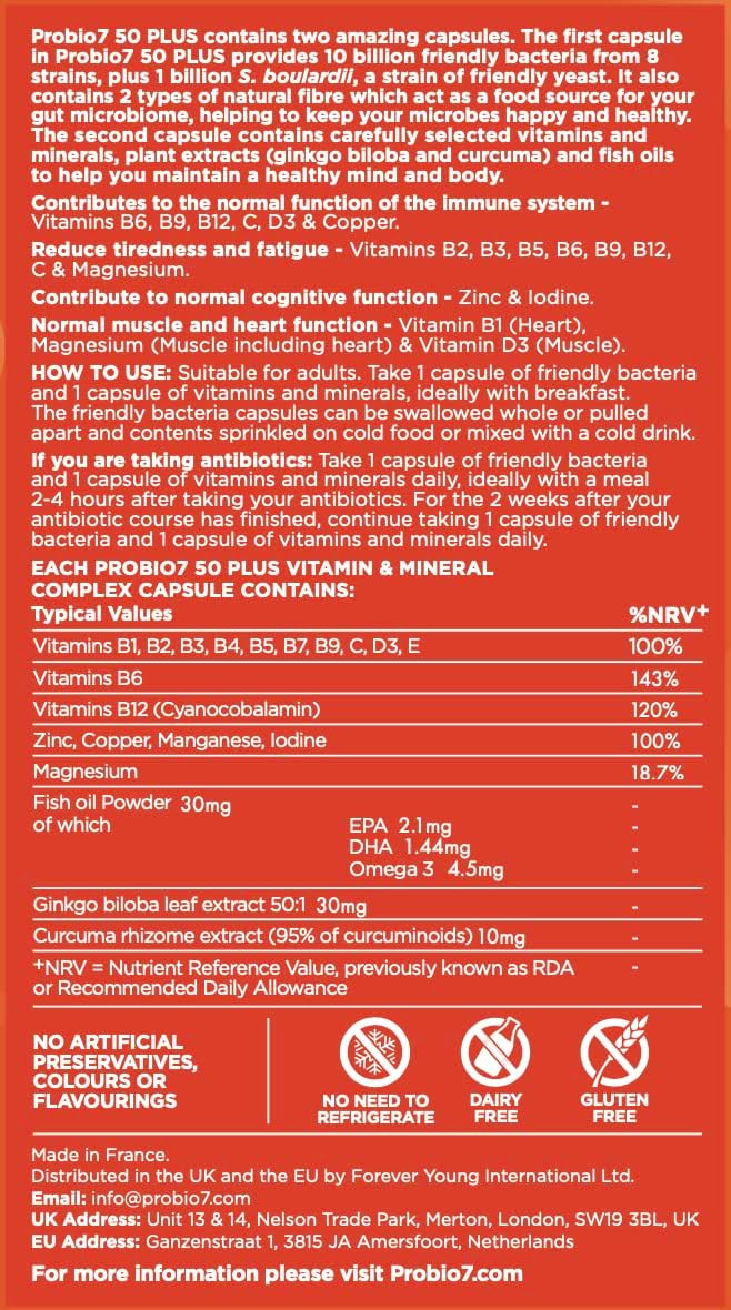 Probio7 50 Plus Probiotics for Men & Women. Multivitamin Tablets with Vitamin D, C, B12, Zinc & Ginkgo Biloba, Immune System Booster & Gut Health Support. Multivitamin Tablets for 50 Plus, 60 Capsules : Amazon.co.uk: Health & Personal Care