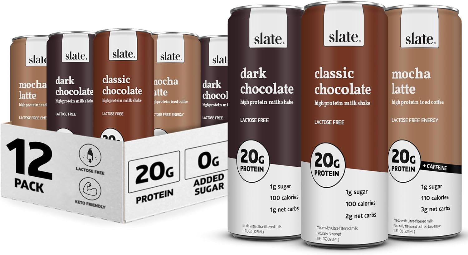 Slate Milk - High Protein Milk Shake - Chocolate Variety Pack - Chocolate, Dark Chocolate, Mocha Latte - Lactose Free, 20G Protein, 1G Sugar, 100-110 Calories, 1-3G Net Carbs - 11 Fl Oz, 12 Cans